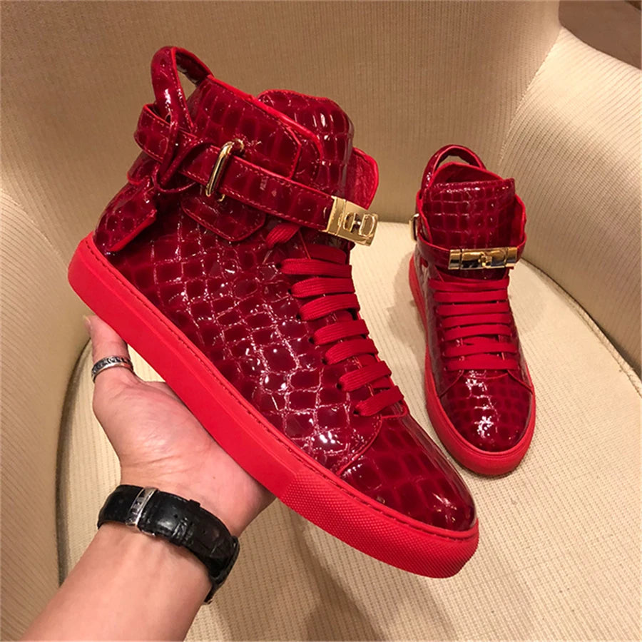 High-Top Sneakers Men Embossed Metal Lock Lace Red Metal Cow Leather Fashion Platform Casual Shoes High Quality - Sun Studio