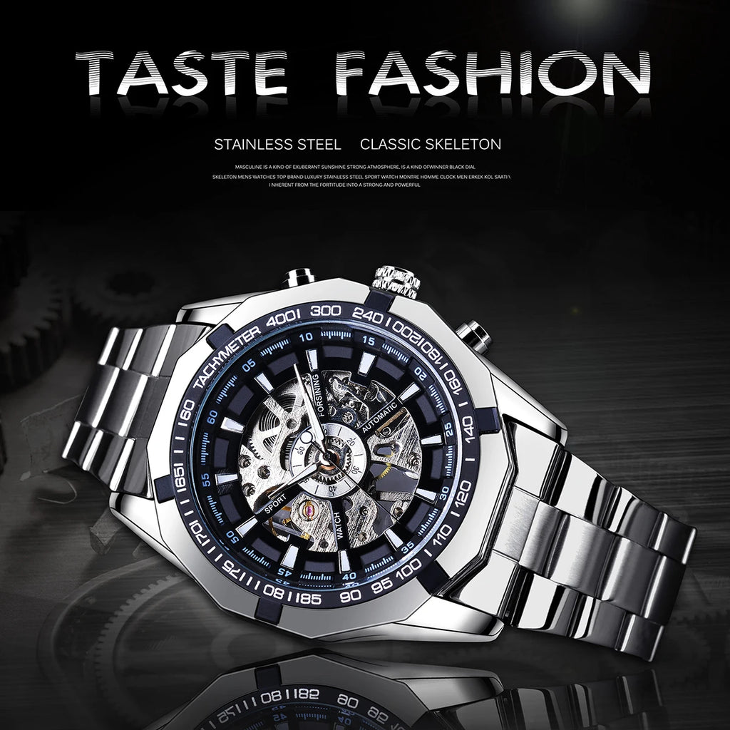 Forsining 2021 Stainless Steel Waterproof Mens Skeleton Watches Top Brand Luxury Transparent Mechanical Sport Male Wrist Watches - Sun Studio