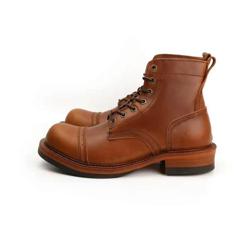 New Japanese Vintage Designer Handmade Tooling Men Casual Shoes Cow Leather Round Toe Wings Ankle Boots Motorcycle Boots Winter - Sun Studio
