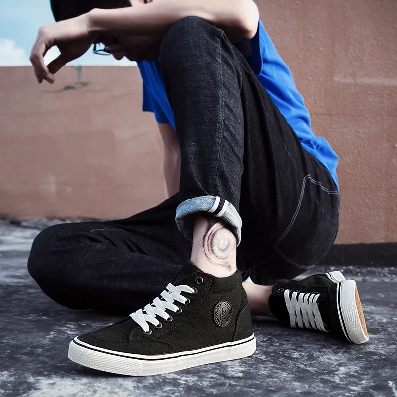 New Arrival Summer Fashion Men Flats Shoes All Black White Red Casual Shoes Mens Canvas Shoes Lace-Up High Top Black Shoes - Sun Studio