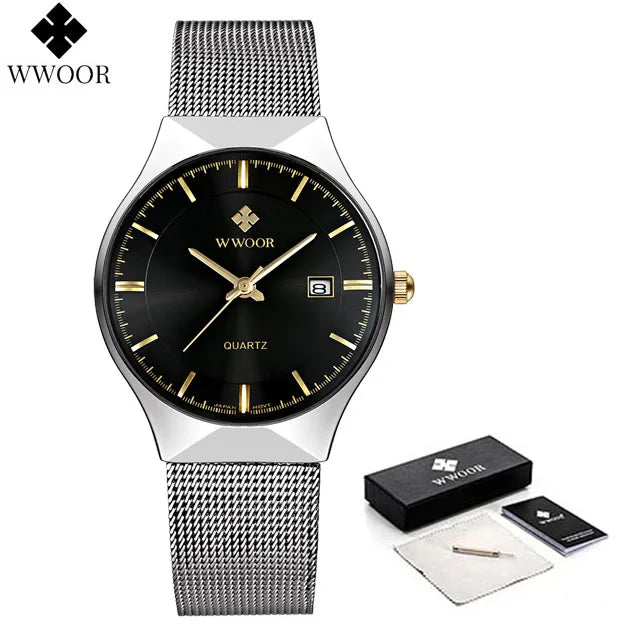 WWOOR Mens Watches Ultra-thin Quartz Auto Date WristWatch Men Top Brand Luxury Stainless Steel Business Waterproof Reloj Hombre - Sun Studio