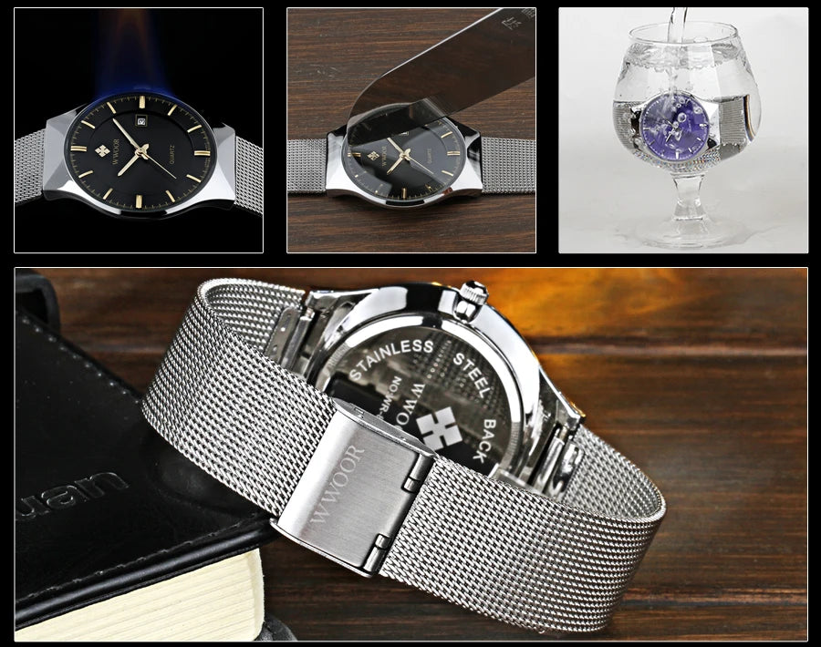 WWOOR Mens Watches Ultra-thin Quartz Auto Date WristWatch Men Top Brand Luxury Stainless Steel Business Waterproof Reloj Hombre - Sun Studio