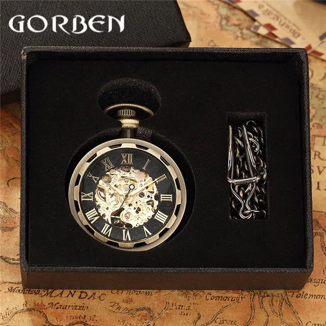 Vintage Watch Necklace Steampunk Skeleton Mechanical Fob Chain Pocket Watches Roman Number Clock Pendant Hand-winding Men Women - Sun Studio