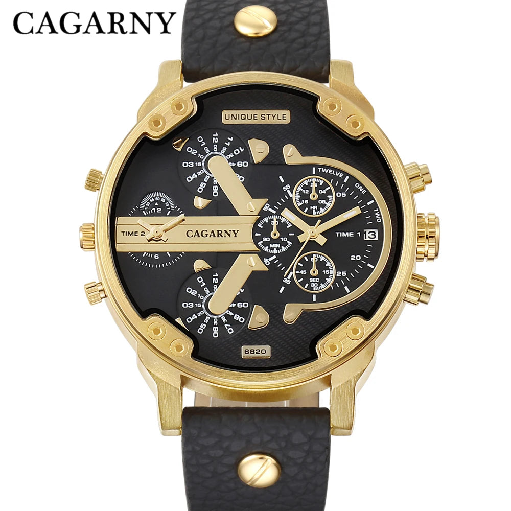 Cagarny Men's Watches Men Fashion Quartz Wristwatches Cool Big Watch Leather Bracelet 2 Times Military Relogio Masculino D6820 - Sun Studio