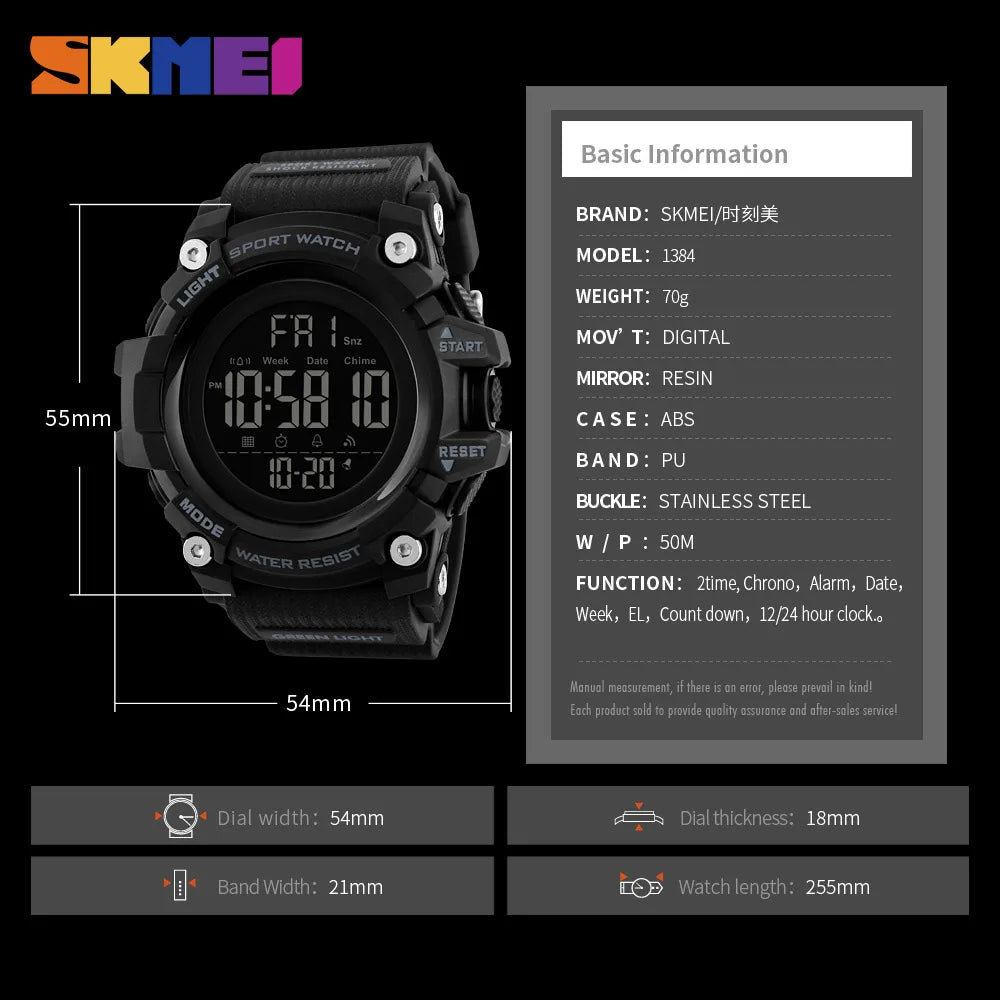 SKMEI Shockproof 2 Time Sport Watch Stopwatch Count Down Mens Digital Watches Waterproof Soft Clock For Male reloj hombre 1384 - Sun Studio