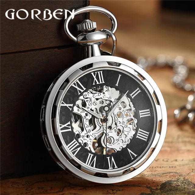Vintage Watch Necklace Steampunk Skeleton Mechanical Fob Chain Pocket Watches Roman Number Clock Pendant Hand-winding Men Women - Sun Studio