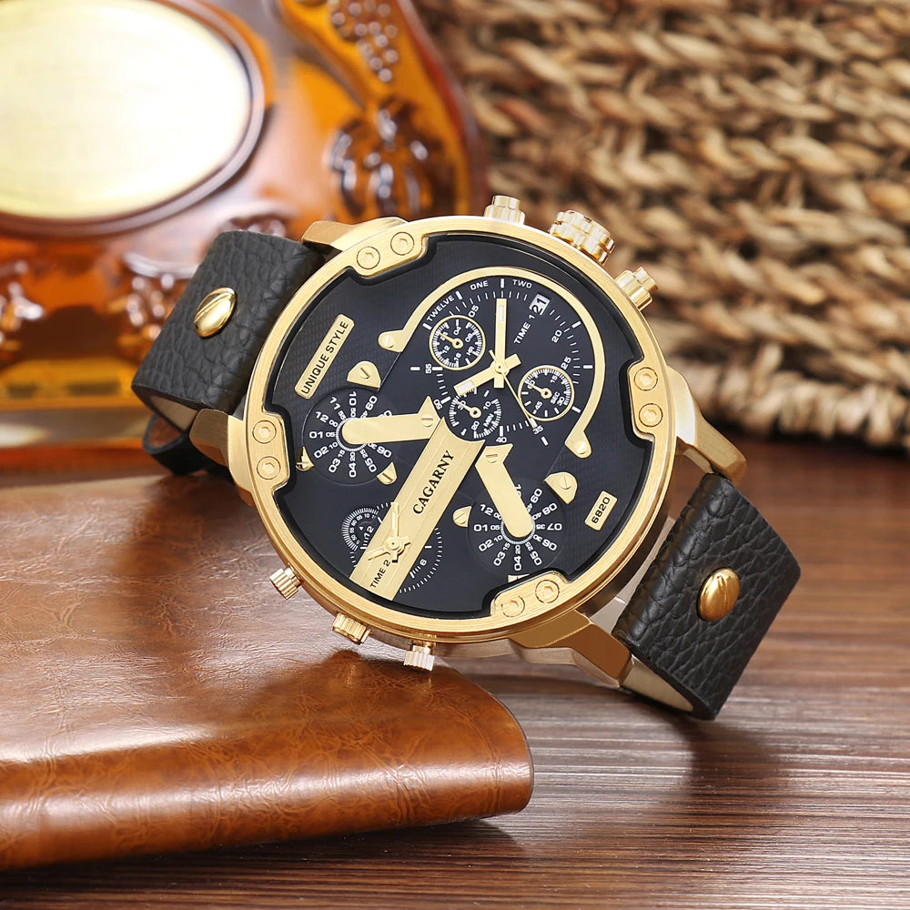Cagarny Men's Watches Men Fashion Quartz Wristwatches Cool Big Watch Leather Bracelet 2 Times Military Relogio Masculino D6820 - Sun Studio
