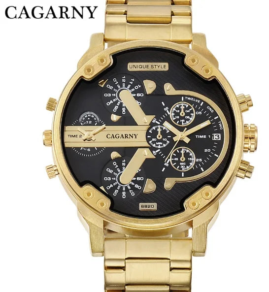 Cagarny Men's Watches Men Fashion Quartz Wristwatches Cool Big Watch Leather Bracelet 2 Times Military Relogio Masculino D6820 - Sun Studio