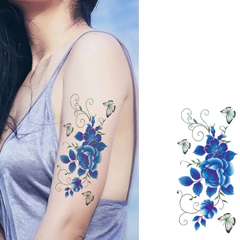 1piece Body art  flash henna tattoo fake temporary tattoos stickers rose peony flowers arm shoulder tattoo waterproof women - Sun Studio