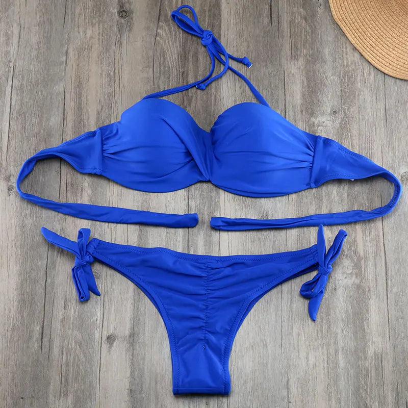 Bikini Solid Strappy Bandage Bikinis Set White Push Up Bikini Swimwear Bandeau Brazilian Swimsuit Bathing Suit Maillot De Bain - Sun Studio