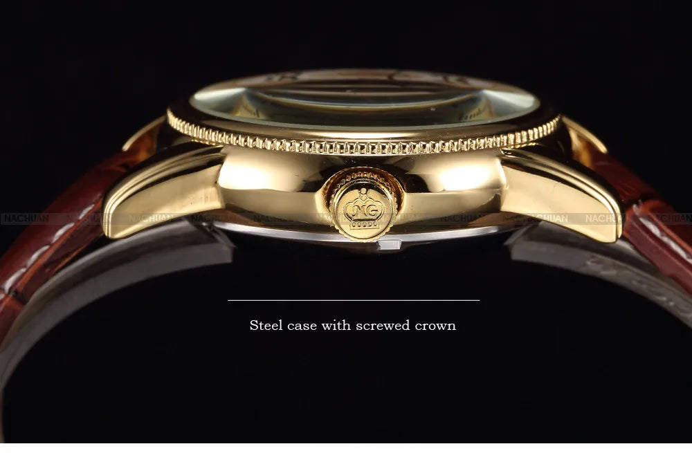 Men Wrist Watches Luxury Golden Skeleton Mechanical Steampunk Male Clock Automatic Wristwatch Leather Strap Herren Horloges - Sun Studio