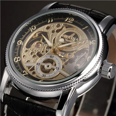 Men Wrist Watches Luxury Golden Skeleton Mechanical Steampunk Male Clock Automatic Wristwatch Leather Strap Herren Horloges - Sun Studio