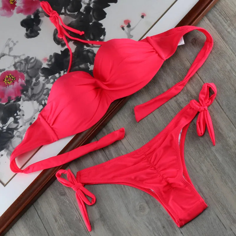 Bikini Solid Strappy Bandage Bikinis Set White Push Up Bikini Swimwear Bandeau Brazilian Swimsuit Bathing Suit Maillot De Bain - Sun Studio