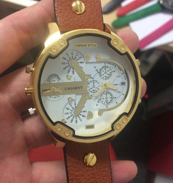 Cagarny Men's Watches Men Fashion Quartz Wristwatches Cool Big Watch Leather Bracelet 2 Times Military Relogio Masculino D6820 - Sun Studio