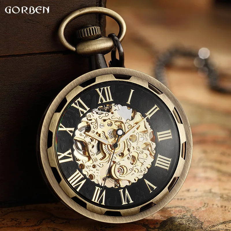 Vintage Watch Necklace Steampunk Skeleton Mechanical Fob Chain Pocket Watches Roman Number Clock Pendant Hand-winding Men Women - Sun Studio