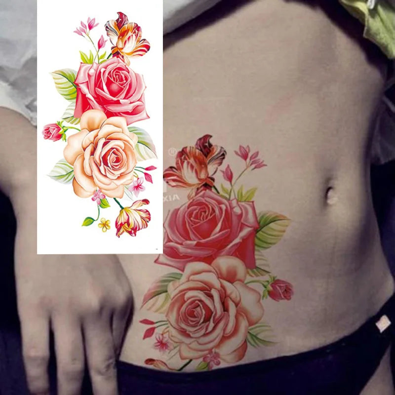 1piece Body art  flash henna tattoo fake temporary tattoos stickers rose peony flowers arm shoulder tattoo waterproof women - Sun Studio
