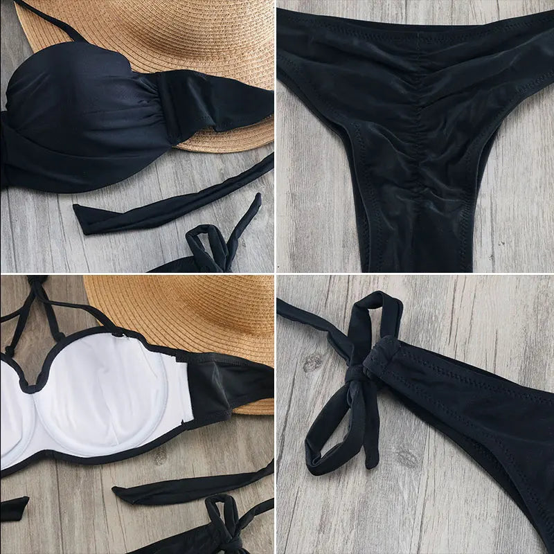 Bikini Solid Strappy Bandage Bikinis Set White Push Up Bikini Swimwear Bandeau Brazilian Swimsuit Bathing Suit Maillot De Bain - Sun Studio