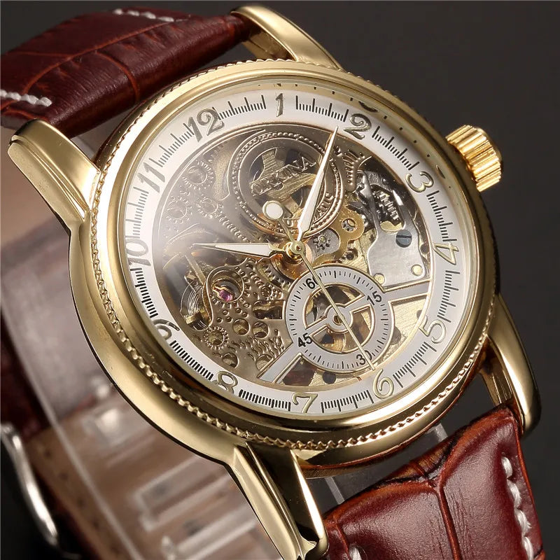 Men Wrist Watches Luxury Golden Skeleton Mechanical Steampunk Male Clock Automatic Wristwatch Leather Strap Herren Horloges - Sun Studio