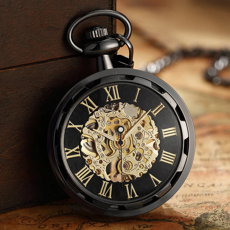 Vintage Watch Necklace Steampunk Skeleton Mechanical Fob Chain Pocket Watches Roman Number Clock Pendant Hand-winding Men Women - Sun Studio