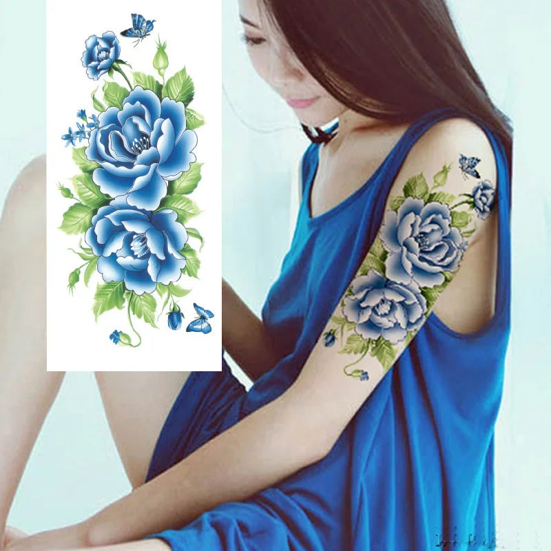 1piece Body art  flash henna tattoo fake temporary tattoos stickers rose peony flowers arm shoulder tattoo waterproof women - Sun Studio