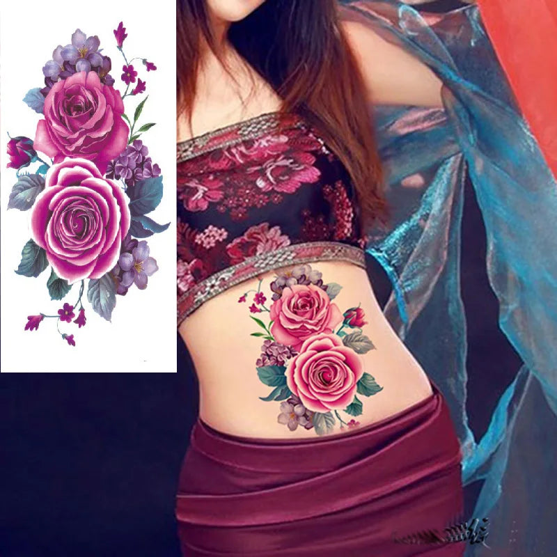 1piece Body art  flash henna tattoo fake temporary tattoos stickers rose peony flowers arm shoulder tattoo waterproof women - Sun Studio