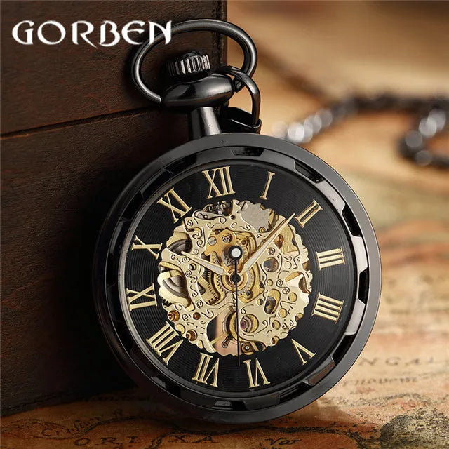 Vintage Watch Necklace Steampunk Skeleton Mechanical Fob Chain Pocket Watches Roman Number Clock Pendant Hand-winding Men Women - Sun Studio
