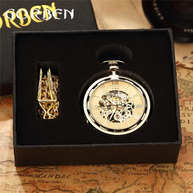 Vintage Watch Necklace Steampunk Skeleton Mechanical Fob Chain Pocket Watches Roman Number Clock Pendant Hand-winding Men Women - Sun Studio