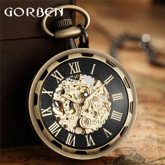Vintage Watch Necklace Steampunk Skeleton Mechanical Fob Chain Pocket Watches Roman Number Clock Pendant Hand-winding Men Women - Sun Studio