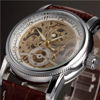 Men Wrist Watches Luxury Golden Skeleton Mechanical Steampunk Male Clock Automatic Wristwatch Leather Strap Herren Horloges - Sun Studio