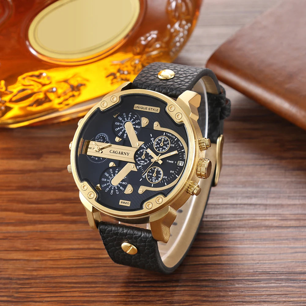 Cagarny Men's Watches Men Fashion Quartz Wristwatches Cool Big Watch Leather Bracelet 2 Times Military Relogio Masculino D6820 - Sun Studio