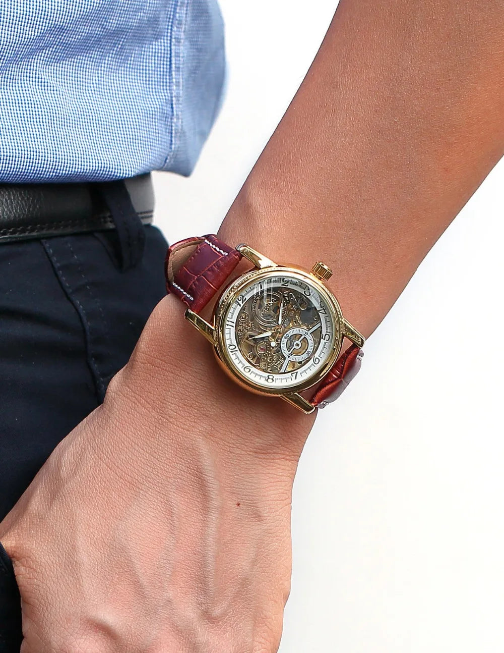 Men Wrist Watches Luxury Golden Skeleton Mechanical Steampunk Male Clock Automatic Wristwatch Leather Strap Herren Horloges - Sun Studio