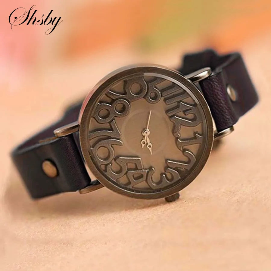 Shsby New Vintage Digital Hollow Genuine Cow Leather Strap Watches Women Dress Watches Female Quartz Watch Student Leisure Watch - Sun Studio
