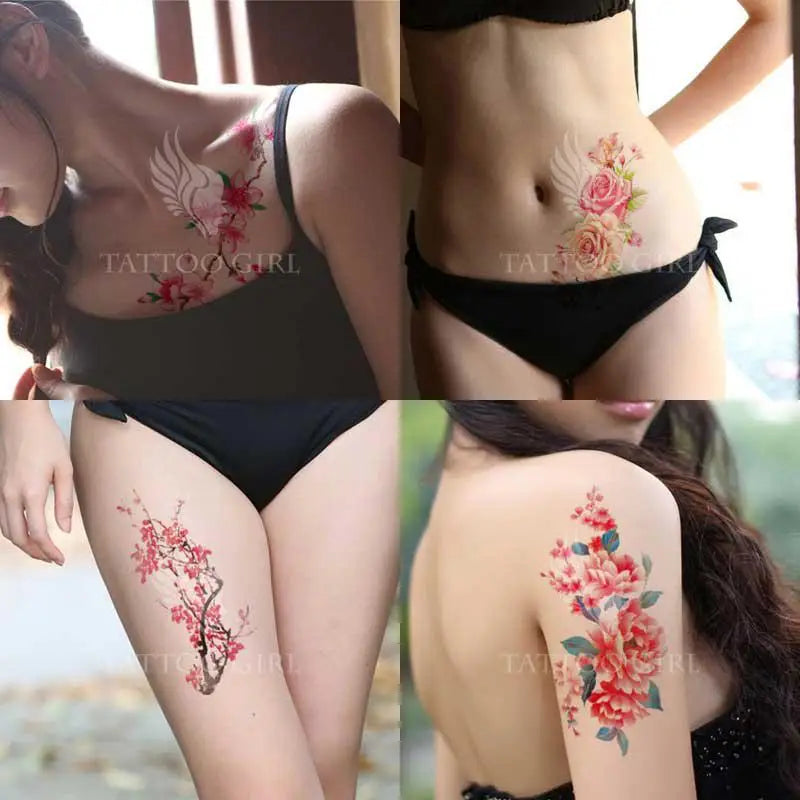 1piece Body art  flash henna tattoo fake temporary tattoos stickers rose peony flowers arm shoulder tattoo waterproof women - Sun Studio