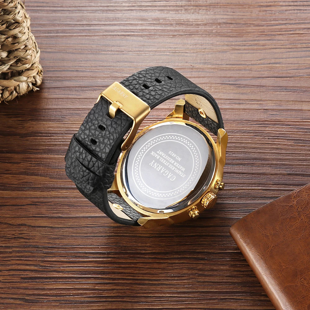 Cagarny Men's Watches Men Fashion Quartz Wristwatches Cool Big Watch Leather Bracelet 2 Times Military Relogio Masculino D6820 - Sun Studio