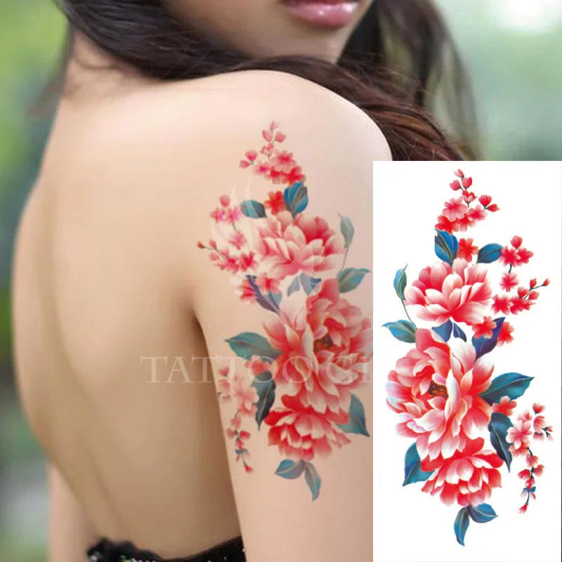 1piece Body art  flash henna tattoo fake temporary tattoos stickers rose peony flowers arm shoulder tattoo waterproof women - Sun Studio