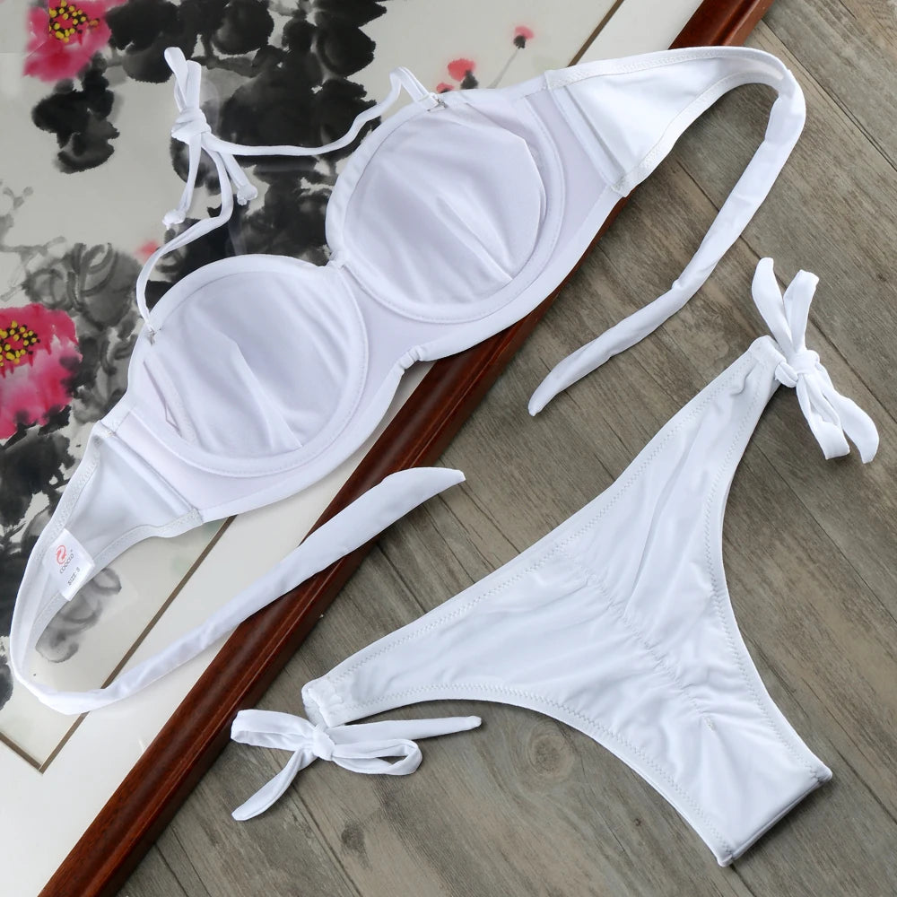 Bikini Solid Strappy Bandage Bikinis Set White Push Up Bikini Swimwear Bandeau Brazilian Swimsuit Bathing Suit Maillot De Bain - Sun Studio