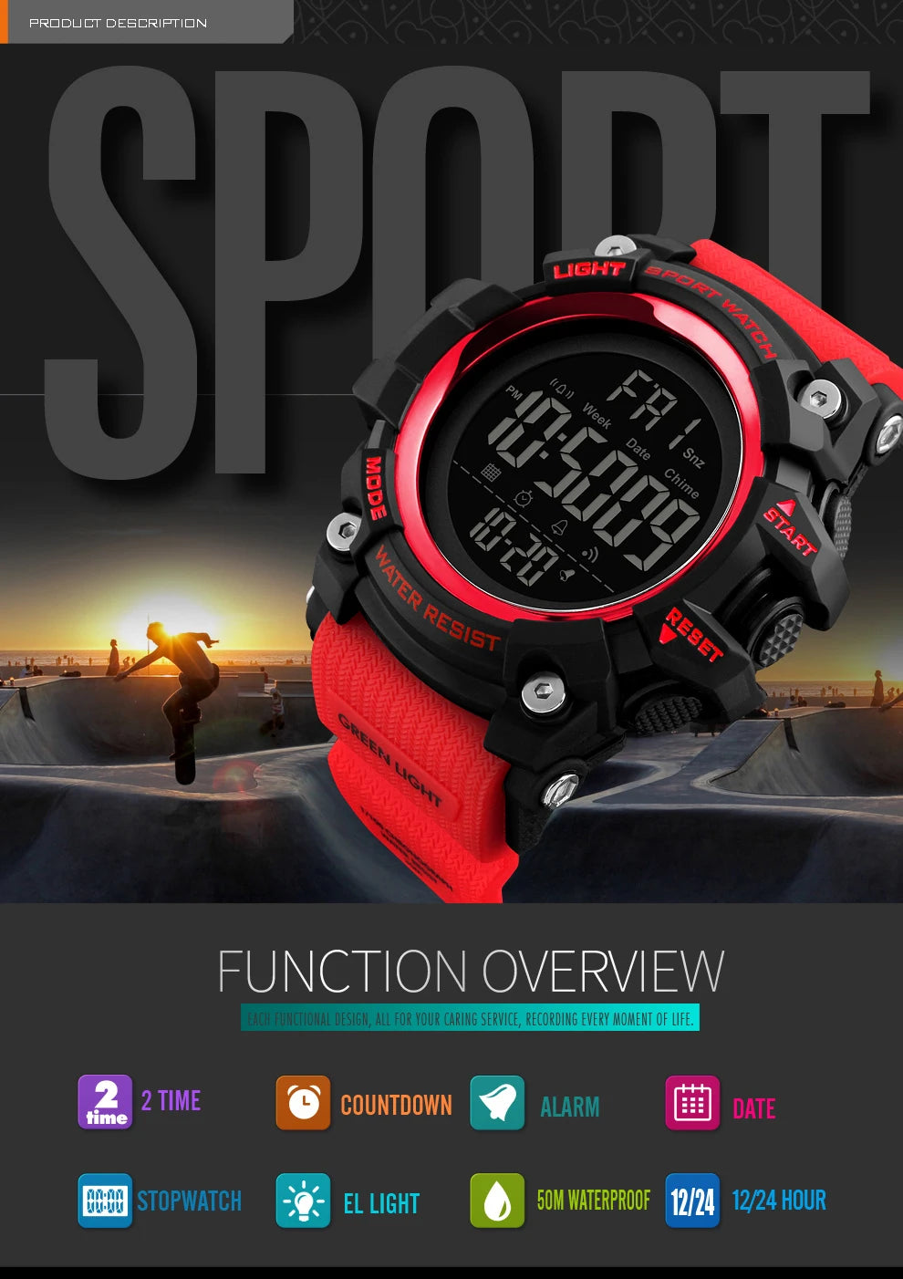 SKMEI Shockproof 2 Time Sport Watch Stopwatch Count Down Mens Digital Watches Waterproof Soft Clock For Male reloj hombre 1384 - Sun Studio