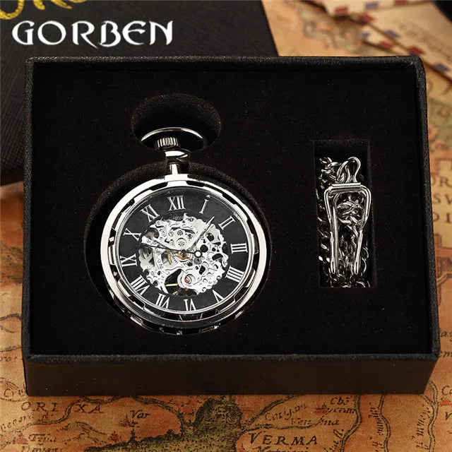 Vintage Watch Necklace Steampunk Skeleton Mechanical Fob Chain Pocket Watches Roman Number Clock Pendant Hand-winding Men Women - Sun Studio