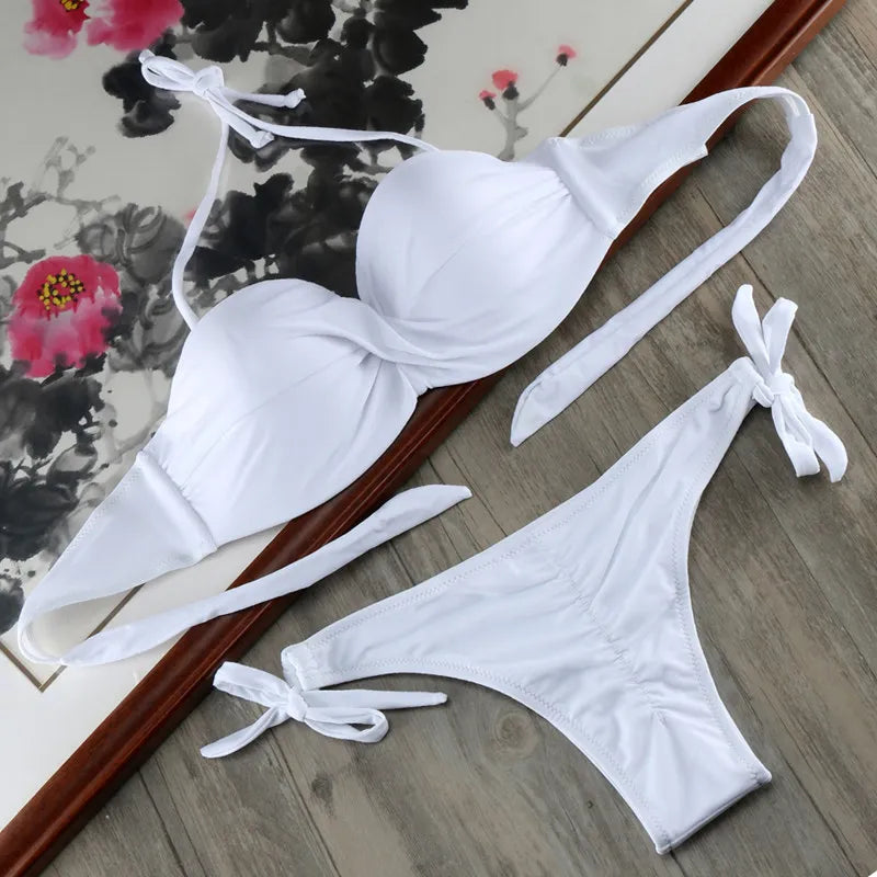 Bikini Solid Strappy Bandage Bikinis Set White Push Up Bikini Swimwear Bandeau Brazilian Swimsuit Bathing Suit Maillot De Bain - Sun Studio