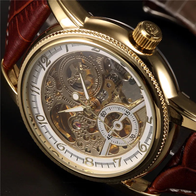 Men Wrist Watches Luxury Golden Skeleton Mechanical Steampunk Male Clock Automatic Wristwatch Leather Strap Herren Horloges - Sun Studio