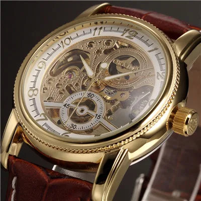 Men Wrist Watches Luxury Golden Skeleton Mechanical Steampunk Male Clock Automatic Wristwatch Leather Strap Herren Horloges - Sun Studio