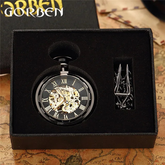 Vintage Watch Necklace Steampunk Skeleton Mechanical Fob Chain Pocket Watches Roman Number Clock Pendant Hand-winding Men Women - Sun Studio