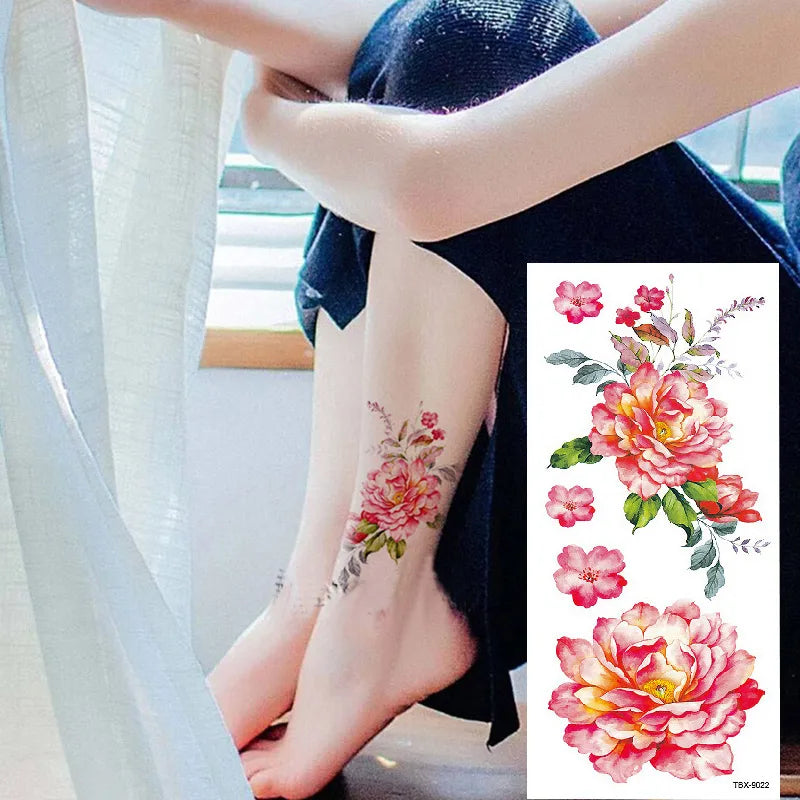 1piece Body art  flash henna tattoo fake temporary tattoos stickers rose peony flowers arm shoulder tattoo waterproof women - Sun Studio