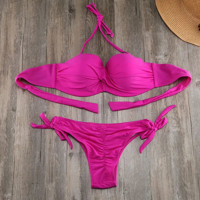 Bikini Solid Strappy Bandage Bikinis Set White Push Up Bikini Swimwear Bandeau Brazilian Swimsuit Bathing Suit Maillot De Bain - Sun Studio