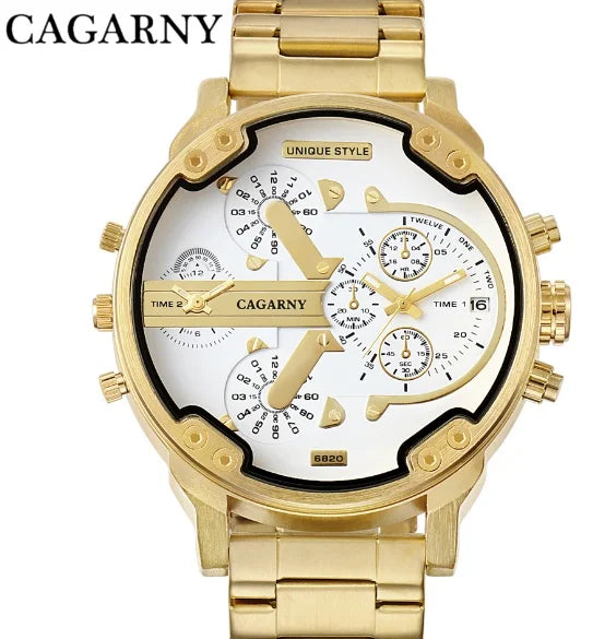 Cagarny Men's Watches Men Fashion Quartz Wristwatches Cool Big Watch Leather Bracelet 2 Times Military Relogio Masculino D6820 - Sun Studio