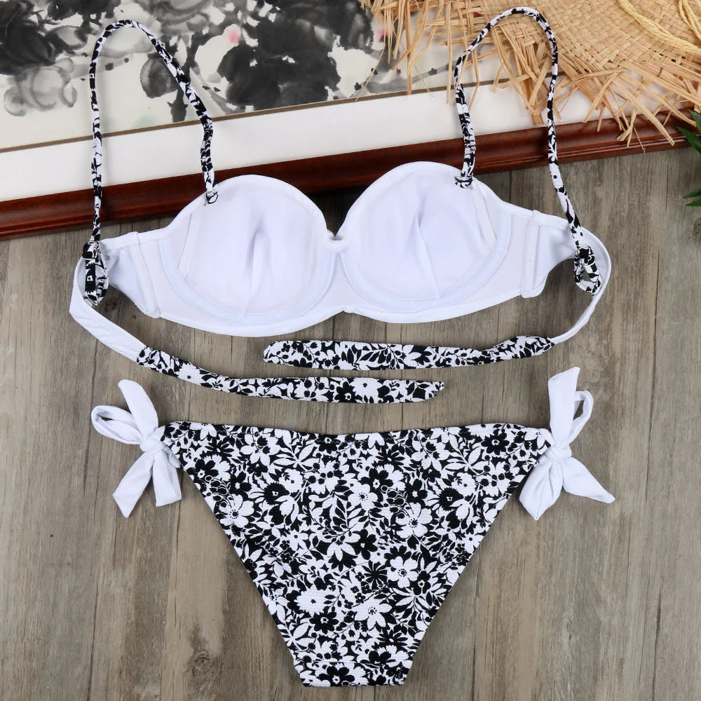Bikini Solid Strappy Bandage Bikinis Set White Push Up Bikini Swimwear Bandeau Brazilian Swimsuit Bathing Suit Maillot De Bain - Sun Studio