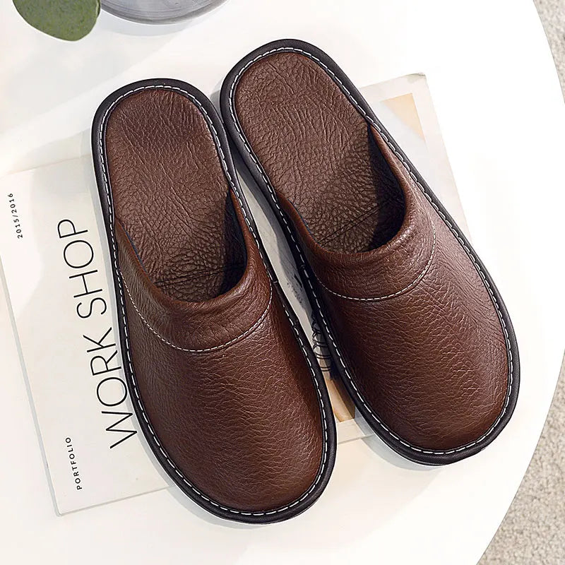 Classic PU Leather Slippers Male Indoor Unisex Shoes Men 2021 Fashion Man Leather Shoes Home Slippers Waterproof Man House Shoes - Sun Studio