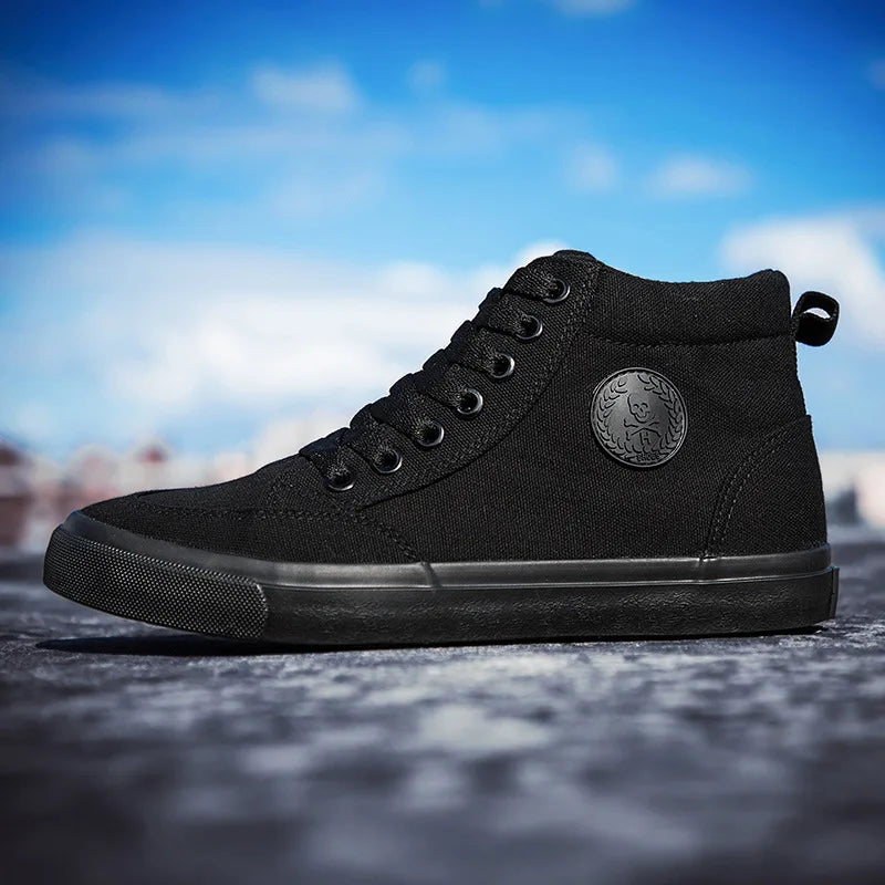 New Arrival Summer Fashion Men Flats Shoes All Black White Red Casual Shoes Mens Canvas Shoes Lace-Up High Top Black Shoes - Sun Studio