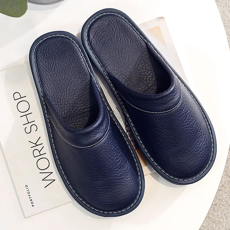 Classic PU Leather Slippers Male Indoor Unisex Shoes Men 2021 Fashion Man Leather Shoes Home Slippers Waterproof Man House Shoes - Sun Studio