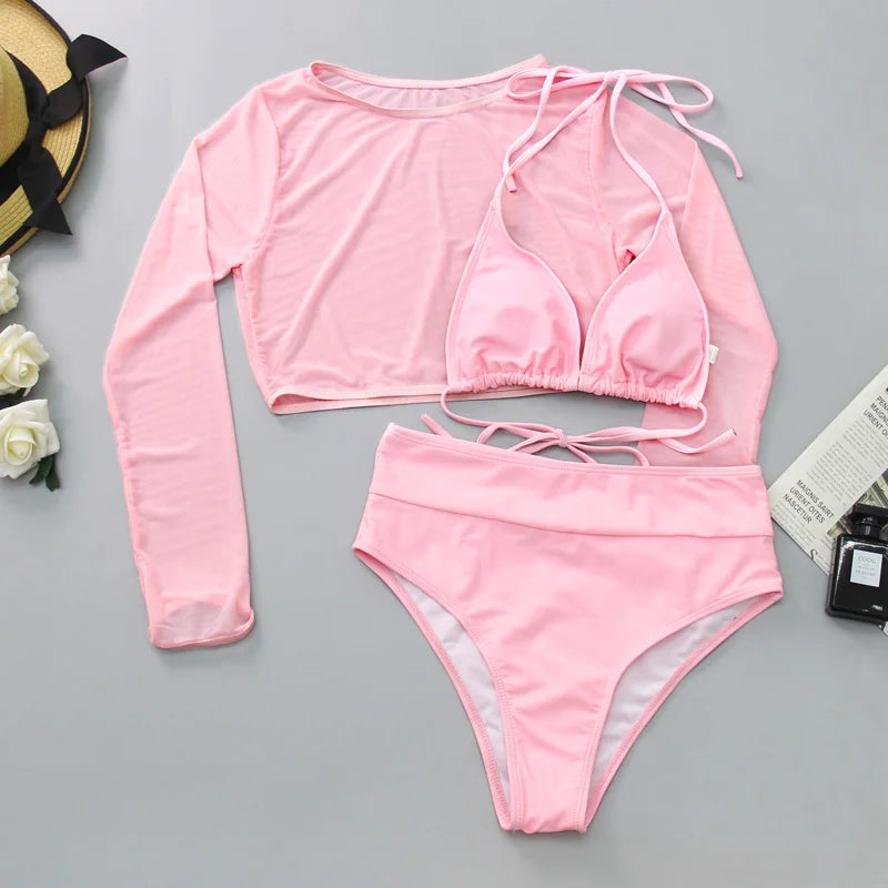 2024 Neon Yellow Crop Top Swimwear Women Summer Sexy Beachwear Mesh Long Sleeve Cover Ups Top Three Piece Swimsuit Bikini Set - Sun Studio